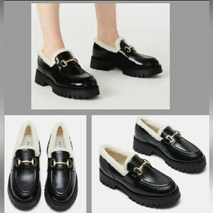 Steve Madden 9 Preppy Faux Shearling Black Lugsole Block Heel Bit  Loafers New